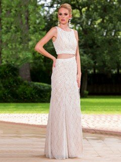 Sheath/Column Scoop Neck Ivory Lace Tulle Beading Fashion Prom Dress #DS020101516