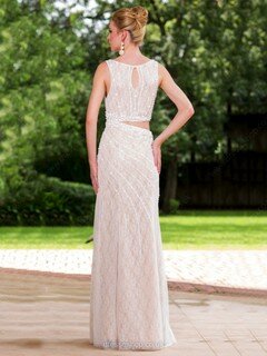 Sheath/Column Scoop Neck Ivory Lace Tulle Beading Fashion Prom Dress #DS020101516