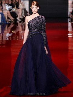 One Shoulder Dark Navy Chiffon Tulle Sweep Train Beading Long Sleeve Prom Dress #DS020101518
