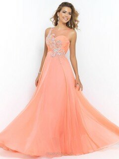 Nice Scoop Neck Orange Chiffon Crystal Detailing Sweep Train Prom Dresses #DS020101538