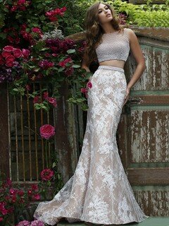 Two-pieces Trumpet/Mermaid Multi Colours Lace Pearl Detailing Sweep Train Prom Dresses #DS020101542