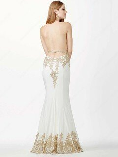 Trumpet/Mermaid White Silk-like Satin Appliques Lace Halter Backless Prom Dress #DS020101552