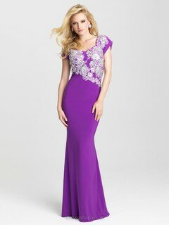 Short Sleeve Trumpet/Mermaid Sweetheart Purple Silk-like Satin Appliques Lace Prom Dresses #DS020101573
