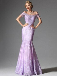 Short Sleeve Off-the-shoulder Lavender Satin Tulle Beading Trumpet/Mermaid Prom Dresses #DS020101576