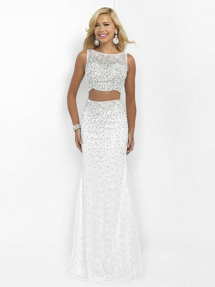 Sheath/Column Scoop Neck Ivory Lace Beading Two-pieces Prom Dress #DS020101587