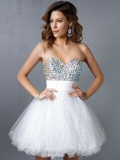 Sweetheart White Tulle Lace-up Crystal Detailing Short/Mini Prom Dresses #DS020101604