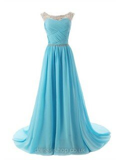 Scoop Neck Blue Chiffon Court Train Beading Popular Prom Dresses #DS020101611