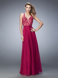 V-neck Chiffon Floor-length Open Back Appliques Lace Prom Dresses #DS020101614