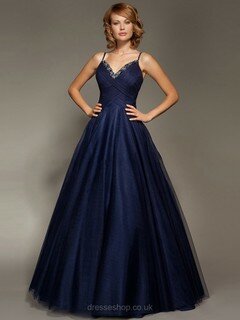 Beautiful Ball Gown V-neck Tulle with Beading Dark Navy Prom Dresses #DS020101941