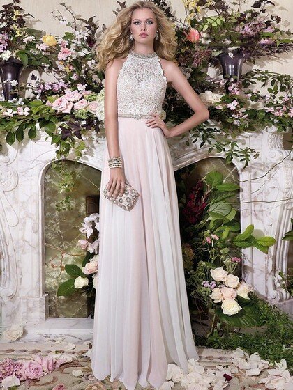 A-line Scoop Neck Lace Chiffon with Beading Elegant Long Prom Dress #DS020101966