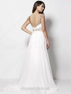 White Scoop Neck Chiffon Split Front Sweep Train Backless Prom Dress #DS020101972