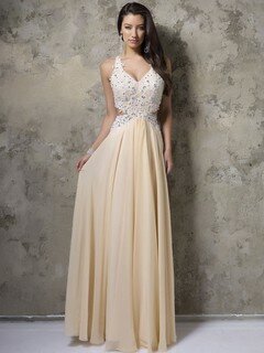Open Back V-neck Chiffon Floor-length Appliques Lace Discounted Prom Dress #DS020101973