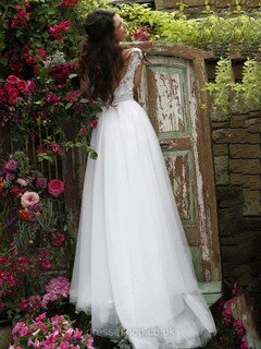 Scoop Neck White Lace Tulle Sweep Train Sashes / Ribbons Cap Straps Prom Dresses #DS020101992