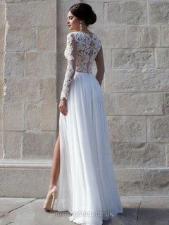 Long Sleeve A-line Chiffon Tulle White Appliques Lace Sweetheart Prom Dresses #DS020101993