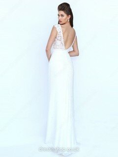 Trumpet/Mermaid White Chiffon Cap Straps Appliques Lace Sweep Train Prom Dress #DS020101996