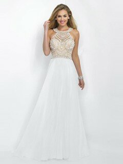 Fashion Scoop Neck White Chiffon Crystal Detailing Floor-length Prom Dresses #DS020102006