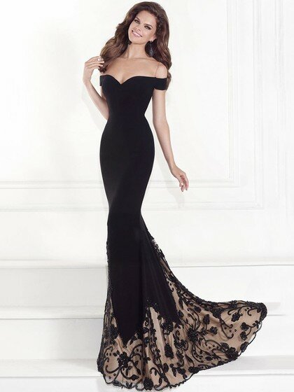 Off-the-shoulder Black Tulle Silk-like Satin Appliques Lace Trumpet/Mermaid Prom Dresses #DS020102007