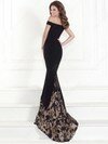 Off-the-shoulder Black Tulle Silk-like Satin Appliques Lace Trumpet/Mermaid Prom Dresses #DS020102007