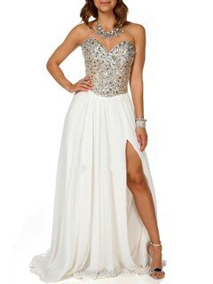 Perfect Sweetheart White Chiffon Split Front Sweep Train Prom Dress #DS020102026