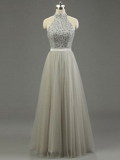 High Neck Gray Tulle Floor-length Beading Fashion Prom Dresses#DS020101636