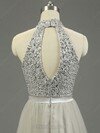High Neck Gray Tulle Floor-length Beading Fashion Prom Dresses #DS020101636