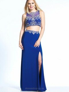 Two Pieces Sheath/Column Scoop Neck Silk-like Satin Beading Royal Blue Prom Dresses #DS020101649