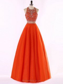 Two Pieces Orange Tulle Floor-length Beading Halter Prom Dresses #DS020101655