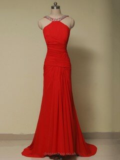 Sheath/Column Red Chiffon Court Train Beading Cheap Prom Dresses #DS020101658