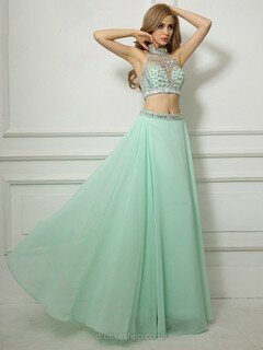 High Neck Backless Chiffon Tulle Floor-length Beading Two Pieces Prom Dresses #DS020101659