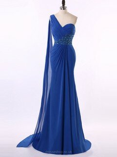 One Shoulder Amazing Royal Blue Chiffon Beading Trumpet/Mermaid Prom Dresses #DS020101662