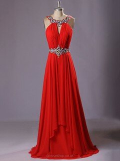 Discount Scoop Neck Chiffon Sweep Train Crystal Detailing Red Prom Dress #DS020101672