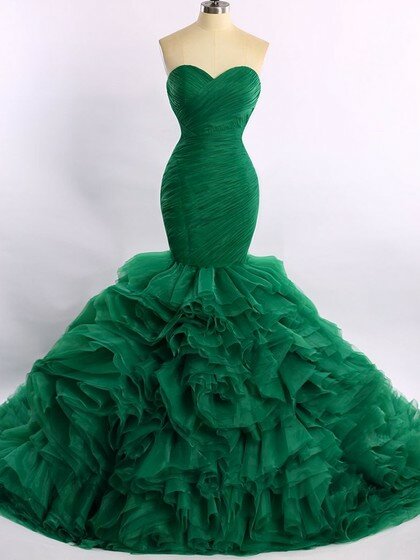 Trumpet/Mermaid Green Organza Court Train Cascading Ruffles Expensive Prom Dress #DS020101683