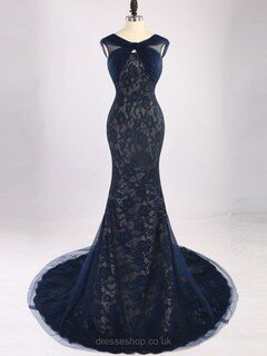 Dark Navy Backless Lace Tulle Court Train Ruffles Trumpet/Mermaid Prom Dress #DS020101692