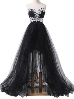 Asymmetrical Sweetheart Tulle Appliques Lace Different Black Prom Dress #DS020101693