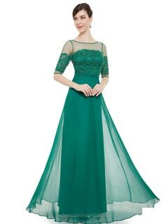 Scoop Neck Tulle Chiffon Floor-length with Lace Fashion 1/2 Sleeve Prom Dress #DS020101696