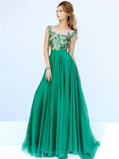 Hunter Tulle Chiffon Cap Straps Sweep Train Appliques Lace Popular Prom Dress #DS020101698
