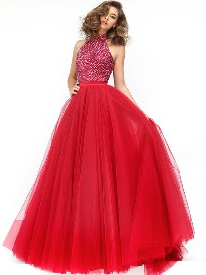 High Neck Red Tulle Floor-length with Beading Newest Prom Dress #DS020101701