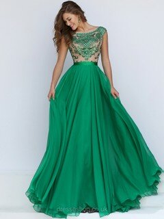 Scoop Neck Hunter Chiffon Tulle Sweep Train Appliques Lace Gorgeous Prom Dress #DS020101703