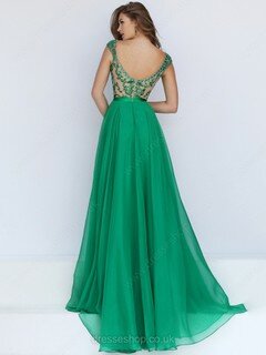 Scoop Neck Hunter Chiffon Tulle Sweep Train Appliques Lace Gorgeous Prom Dress #DS020101703