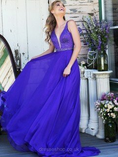 V-neck Royal Blue Chiffon Sweep Train Crystal Detailing Latest Prom Dress #DS020101709