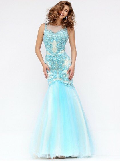 Trumpet/Mermaid Blue Tulle Appliques Lace Scoop Neck Backless Prom Dress #DS020101718