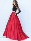 Two-pieces Red Satin Tulle Sweep Train Appliques Lace Long Sleeve Prom Dress #DS020101722