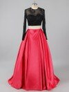 Two-pieces Red Satin Tulle Sweep Train Appliques Lace Long Sleeve Prom Dress #DS020101722