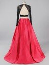 Two-pieces Red Satin Tulle Sweep Train Appliques Lace Long Sleeve Prom Dress #DS020101722