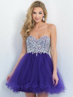 Sweetheart Short/Mini Crystal Detailing Lace-up Grape Tulle Prom Dress #DS020101731