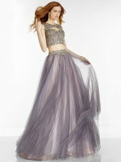 Scoop Neck Tulle Floor-length Two-pieces Appliques Lace Prom Dress #DS020101747