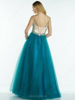 A-line Scoop Neck Tulle Beading Lace-up Cap Straps Prom Dress #DS020101749