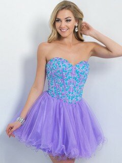 Sweetheart Tulle Short/Mini Beading Lace-up Lavender Prom Dresses #DS020101758