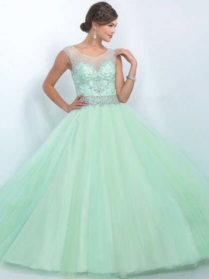 Affordable Scoop Neck Tulle Beading Ball Gown Prom Dresses #DS020101769