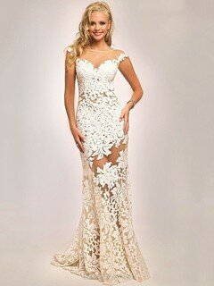 Scoop Neck Ivory Tulle Sequined Backless Appliques Lace Trumpet/Mermaid Prom Dresses #DS020101772
